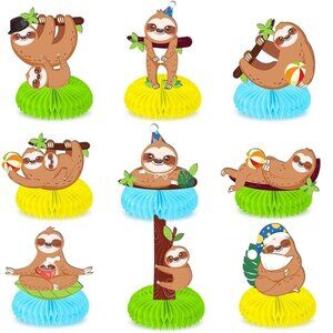 Sloth Kawai Party Centerpieces Decorations w/ Green Honeycombs 9pcs (SKU: 45MI)